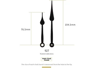 Detailed size measurement of 76.5mm and 104.5mm metal clock hands from hole to tip