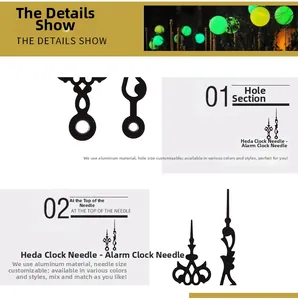 Detail view of black aluminum clock hands showing the mounting hole and needle tip