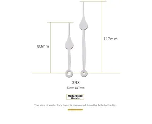 Détail des aiguilles d'horloge en aluminium argenté mesurant 83 mm et 117 mm du centre