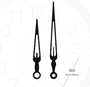 Detail view of model 503 hollowed metal clock hands with 63mm and 84mm lengths