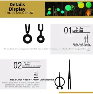 Detail view of matte black aluminum clock hands showing precision custom hole diameter