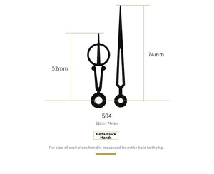 Detailed technical diagram of black metal clock hands showing 52mm and 74mm dimensions