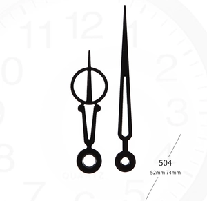 Detail of 504 model black metal clock hands 52mm and 74mm for DIY quartz wall clocks