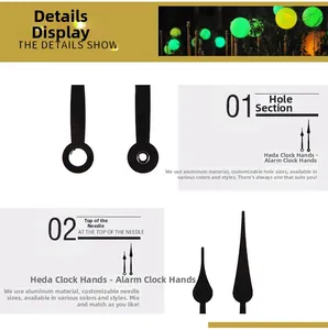 Macro detail of custom black aluminum clock hands showing mounting hole and needle tip