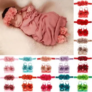 Detailed set of baby chiffon flower headband and barefoot sandals in multiple colors