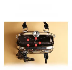Detail view of the multi-compartment interior and metal clasp of the vintage shell bag