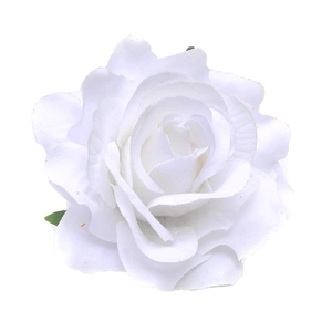 Close-up of white silk rose petals and green leaves detail for hair accessory