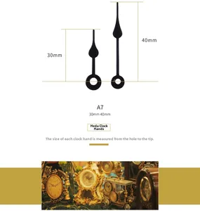 Détails des aiguilles d'horloge noires A7 avec mesures de 30mm et 40mm de long