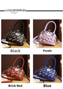 Four color options of shell-shaped crossbody bags featuring H-letter print and metal handles