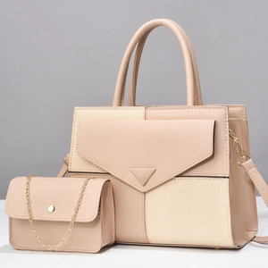 Beige crossbody handbag set with woven texture and a mini gold chain shoulder bag
