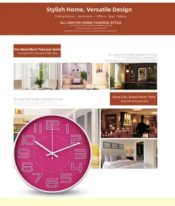 Magenta 3D digital wall clock shown in modern living room, office and bar scenes