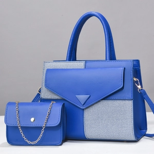 Royal blue crossbody handbag set with striped fabric and gold chain strap detail