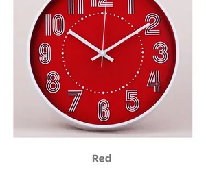Detailed view of 12-inch silent wall clock with red dial and white 3D artistic numerals