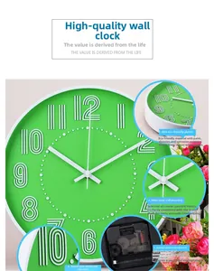 Detail of silent wall clock with green dial, 3D numbers and metal painted hands
