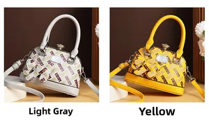 Detailed comparison of light grey and yellow shell bags with H-letter print and gem buckle