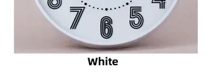 Close-up of modern 12 inch wall clock showing 3D black numbers on white dial face