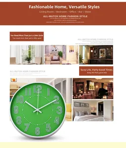Collage of green silent wall clock styled in modern living rooms and office spaces