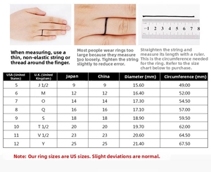 Detailed international ring size chart with measurement guide and diameter conversion table