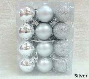 Silver 3cm Christmas ornaments set with matte, glossy, and glitter textures in gift box