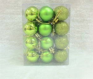 Detail of 3cm fruit green Christmas balls with matte, glossy, and glitter finishes