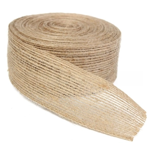 Macro detail of natural burlap ribbon roll with rustic woven texture for gift wrapping