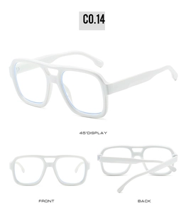 Three-view display of white square pilot sunglasses with double bridge and retro frame