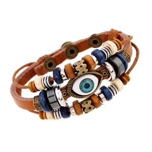 Brown braided leather multi-layer bracelet with blue evil eye charm and ethnic beads