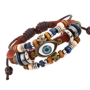 Evil Eye Multi Layer Leather Bracelet Retro Hand Woven Wood Beaded Adjustable Ethnic Bangle Men Women