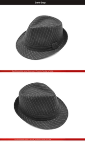 Detail view of a dark gray wool fedora hat featuring classic white pinstripe patterns