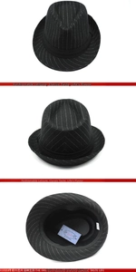 Three-way view of a black pinstripe wool fedora hat with decorative ribbon and inner tag