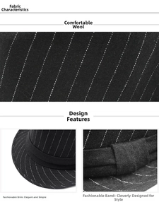Detail view of black wool felt hat featuring vertical white pinstripes and side band