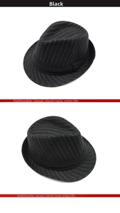 Detailed top view of a black striped fedora hat featuring classic vintage wool felt texture