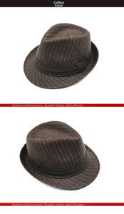 Detail of coffee brown striped wool fedora hat with elegant decorative ribbon band