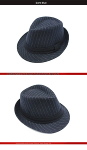 Close-up of dark blue fedora hat featuring classic white stripes and wool fabric texture