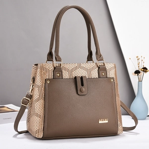 Elegant brown and beige tote bag with litchi texture and adjustable shoulder strap