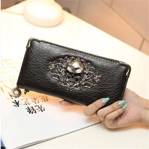 Punk Gothic Long Zipper Wallet PU Leather Women Clutch Bag Metal Skull Decor Baroque Vintage Floral Embossed Card Holder
