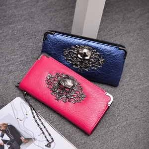 Gothic punk long wallets with metal skull carving and lychee grain faux leather texture