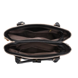 Top view of spacious women's tote with three compartments and golden zipper details