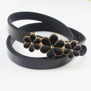 Sweet Women Thin PU Leather Belt With Flower Zinc Alloy Buckle Fashion Decorative Skinny Waist Belt For Dresses Jeans Snap Closure