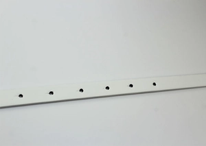 Detailed close-up showing six precise round adjustment holes on white leather belt strap