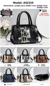 Detailed size guide and six color options for the stylish croc-embossed top handle handbag