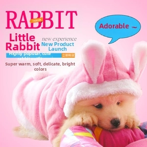 Pink coral fleece pet hoodie with cute bunny ears and soft white plush trim for small dogs