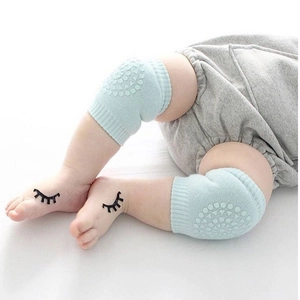 Breathable cotton baby knee pads with anti-slip silicone dots in light blue