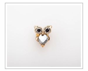 Detailed view of owl brooch featuring golden metal finish and large oval crystal inlay