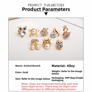 Detail view of gold-plated animal brooches featuring inlaid crystals and faux pearls