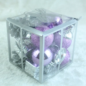 20-piece purple and silver Christmas tree ornament set in a transparent box