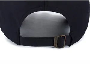 Detail of adjustable metal buckle and stitching on black cotton baseball cap back