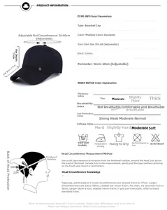 Detailed size chart for cotton baseball cap showing brim length and adjustable strap specs