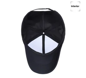 Detailed interior view of a black cotton baseball cap showing stitching and inner lining
