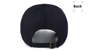 Back view of black cotton baseball cap with adjustable antique brass metal buckle
